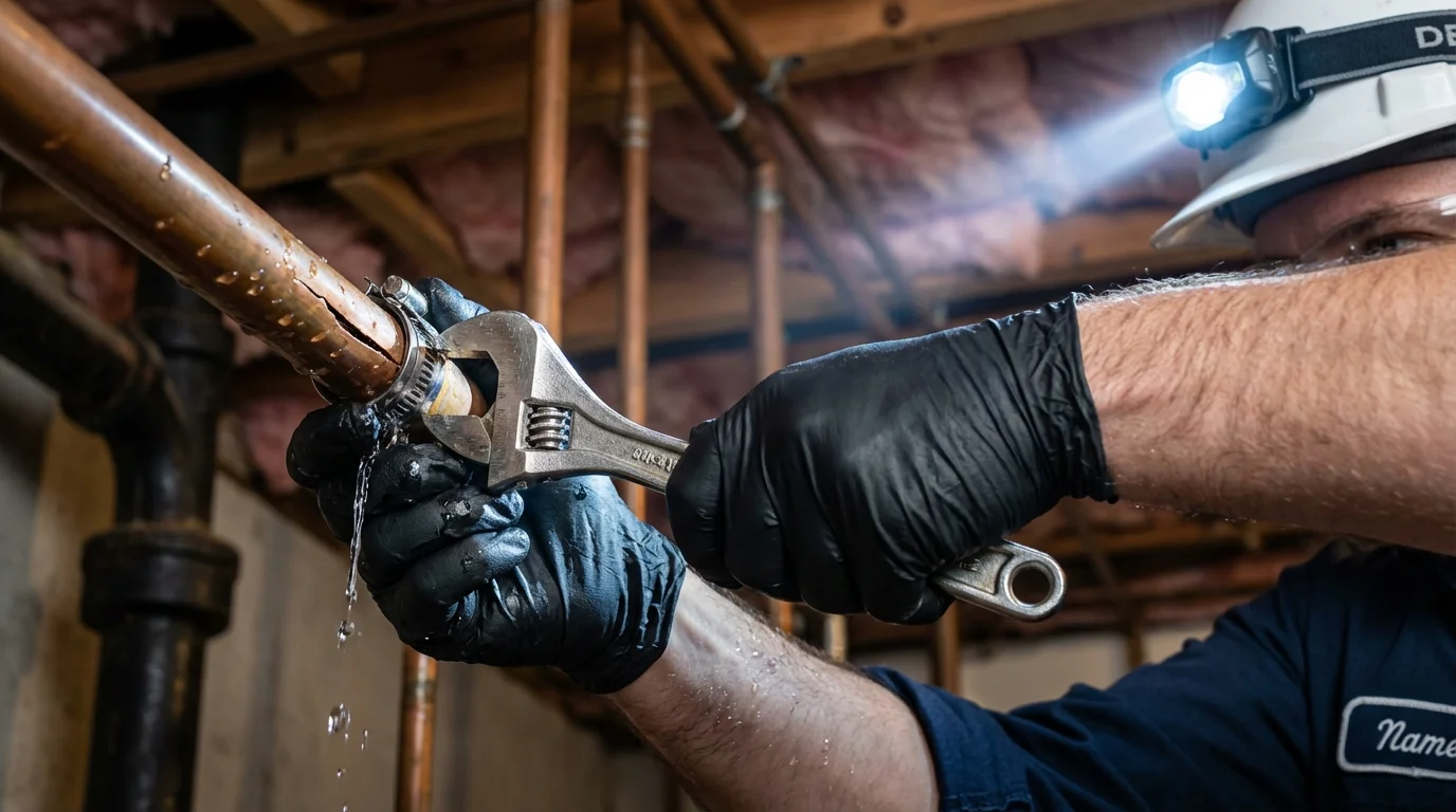 Emergency pipe clamp repair being performed by a Johns Plumbing LLC plumber in Marshall