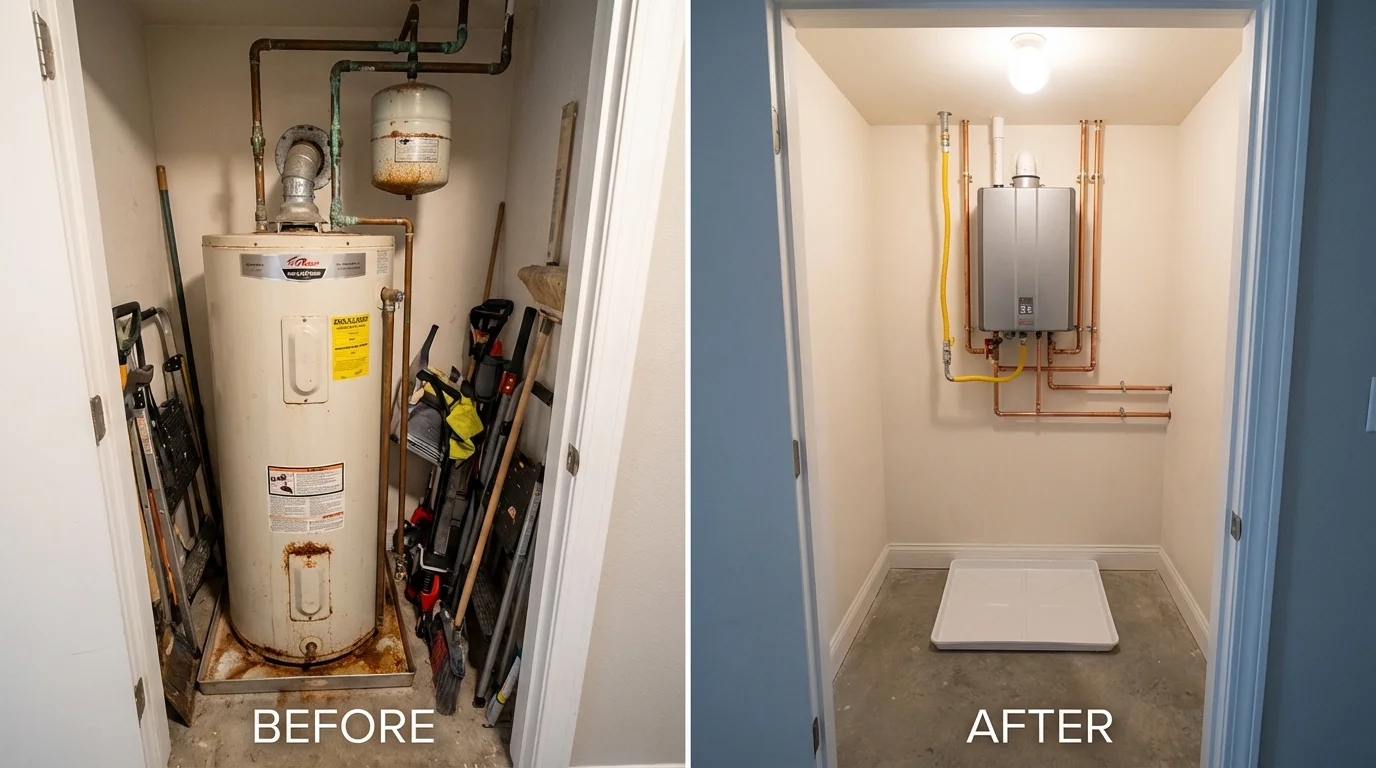 Tank water heater versus wall-mounted tankless unit comparison for Marshall, VA homeowners