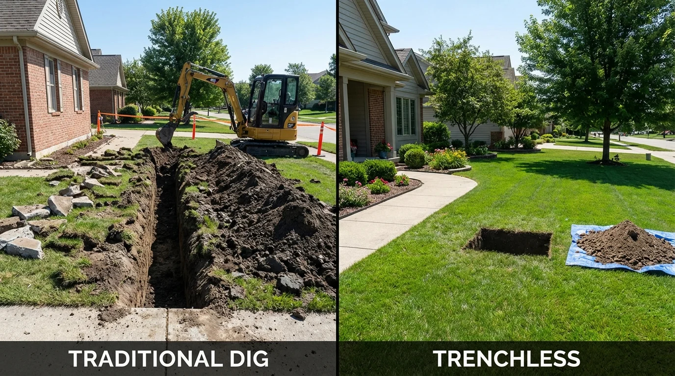 Trenchless sewer repair with minimal yard damage versus traditional excavation in Marshall, VA